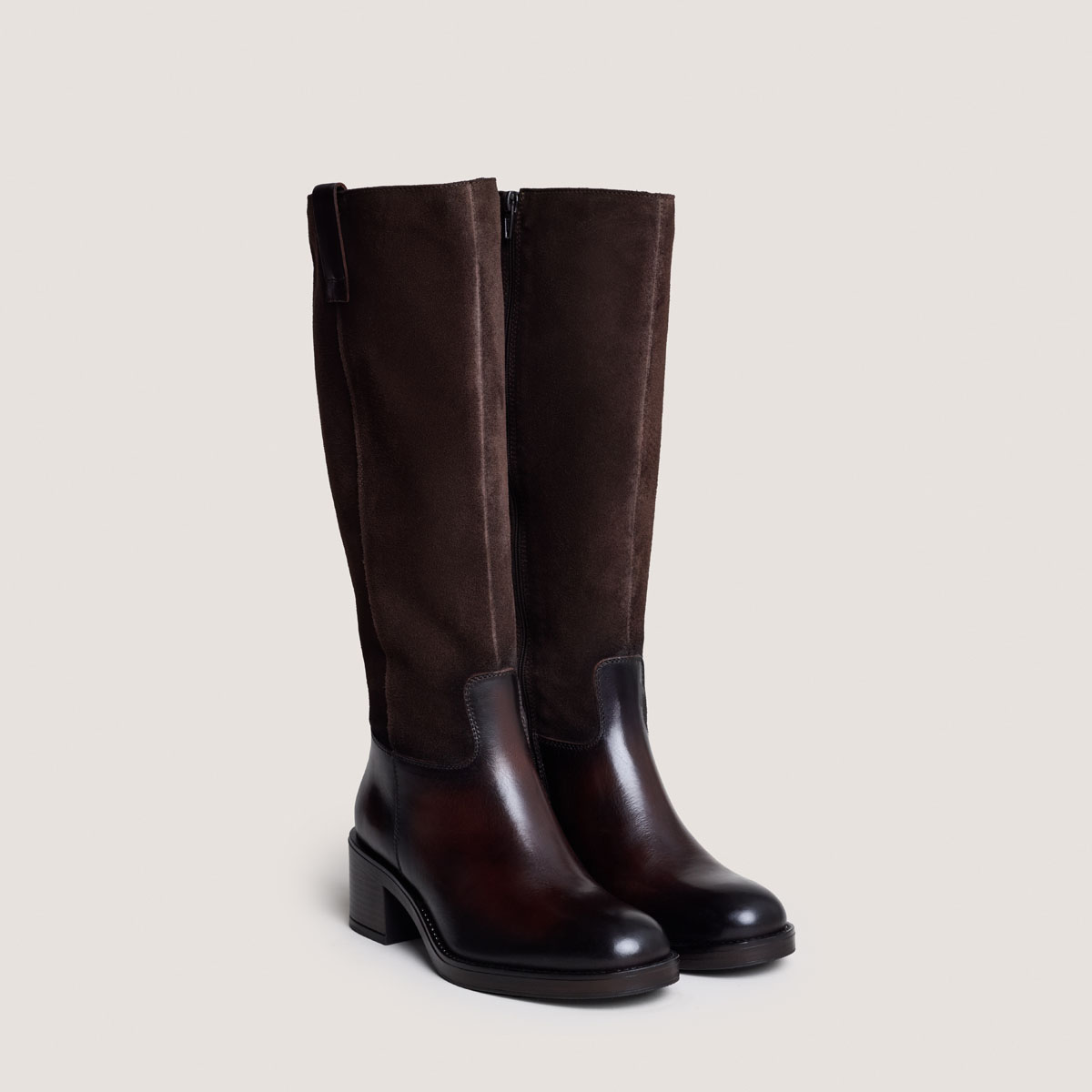 Heeled boots in dark brown leather and suede | CLAIRE