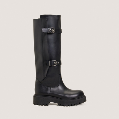 Boots with adjustable buckles in black leather | rebecca