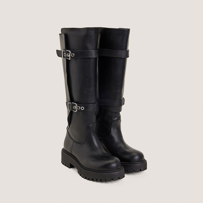 Boots with adjustable buckles in black leather | rebecca