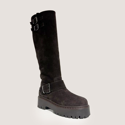 Chunky strap boots with treaded soles in dark brown split leather | reine