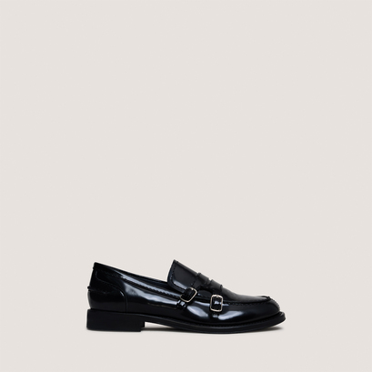 Buckled loafers in glazed black leather | denora