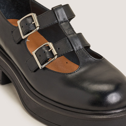 Platform mary janes with double straps in black leather | dursula