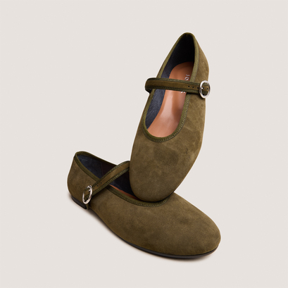 Ballet flats with straps and adjustable buckles in khaki velvet | deesse