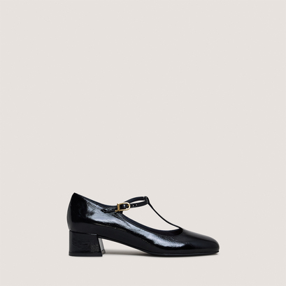 T-strap kitten heels in shiny black leather | dalome