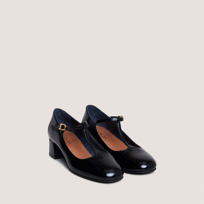 T-strap kitten heels in shiny black leather | dalome