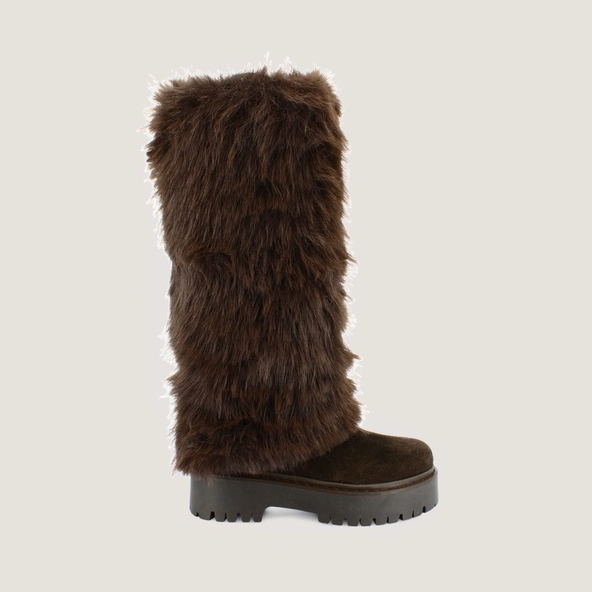 Fur Boots in split leather and dark brown fleece | RUSSEL