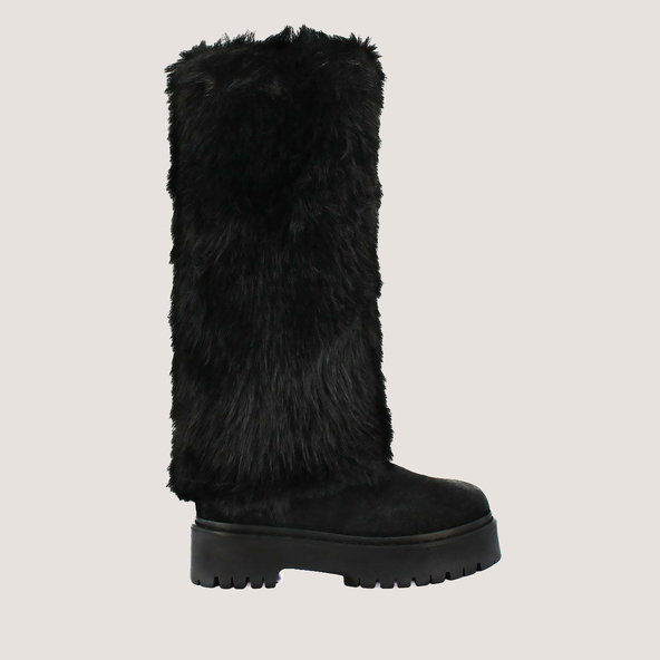 Fur Boots in black split leather and black fleece | RUSSEL