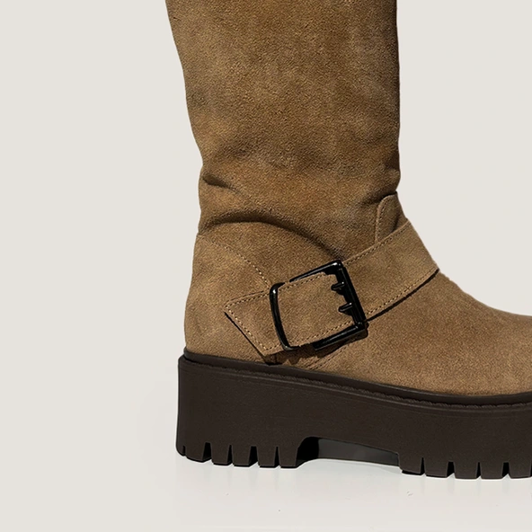 Chunky Strap Boots with Treaded Soles in taupe split leather | REINE