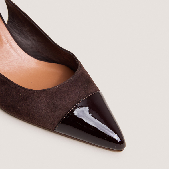 Slingback Pumps in patent leather and dark brown velvet | DESTELLE