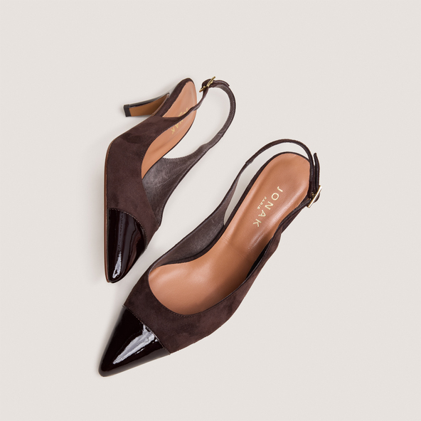 Slingback Pumps in patent leather and dark brown velvet | DESTELLE