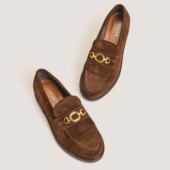 Loafers with Golden Buckles in brown split leather | DELPHES