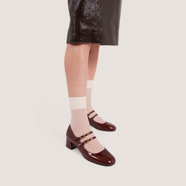 Mary Janes with double straps in shiny brown leather | DUNY