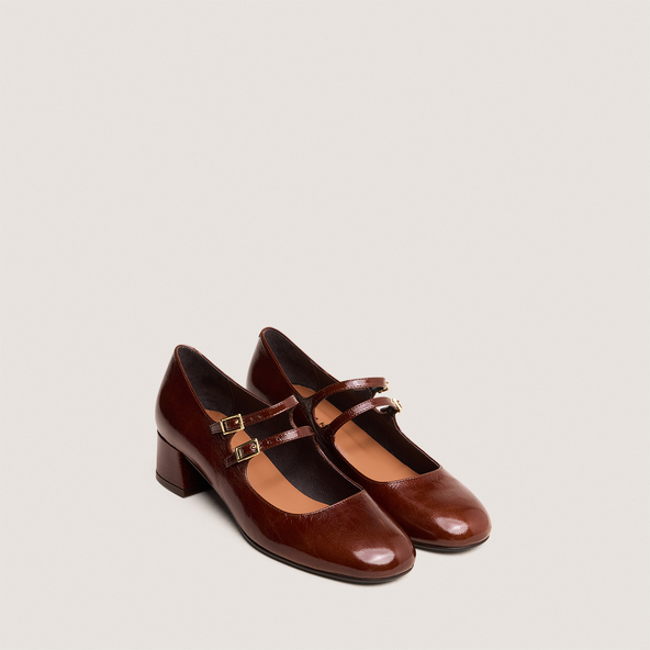 Mary Janes with double straps in shiny brown leather | DUNY