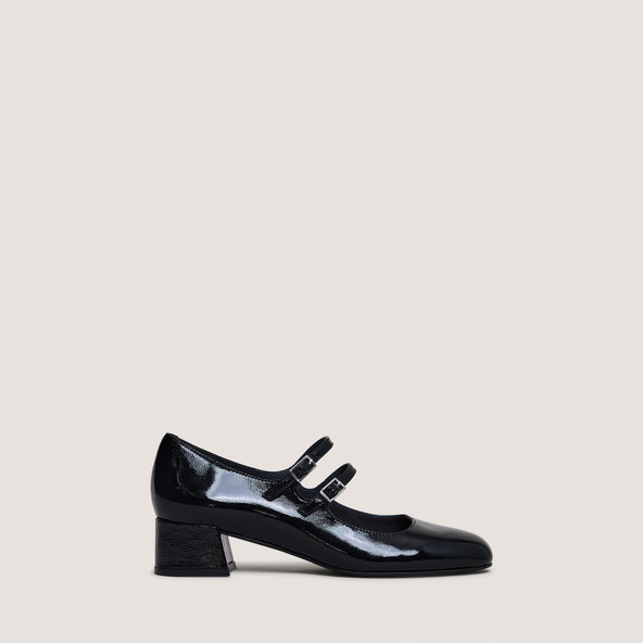 Mary Janes with double straps in pleated black patent leather | DUNY