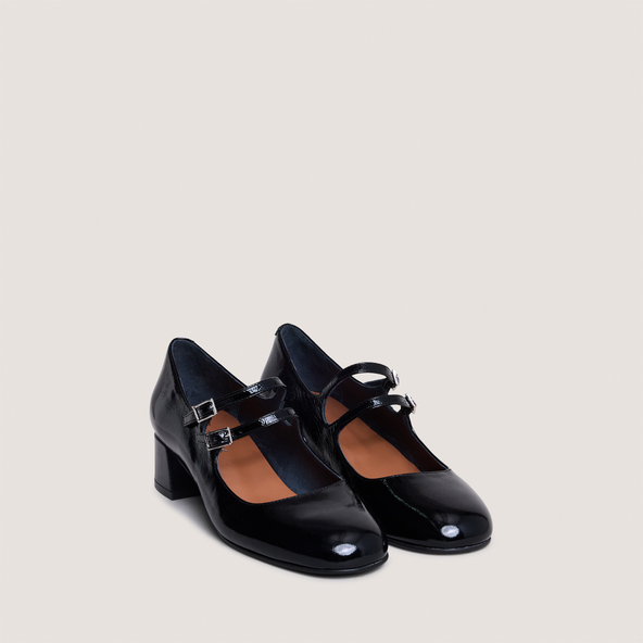 Mary Janes with double straps in pleated black patent leather | DUNY
