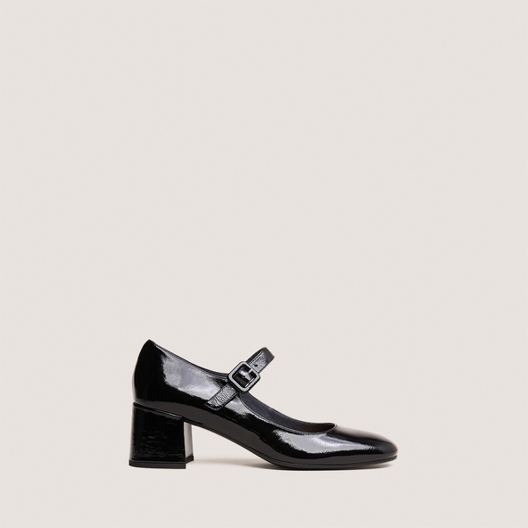 Heeled Mary Janes in pleated black patent leather | DITTUS