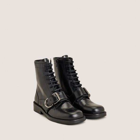 Lace-up boots with buckles in black leather | DISABELLE