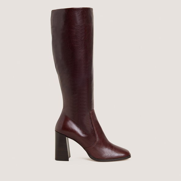 High-heeled boots in aged chocolate leather | VAUBY