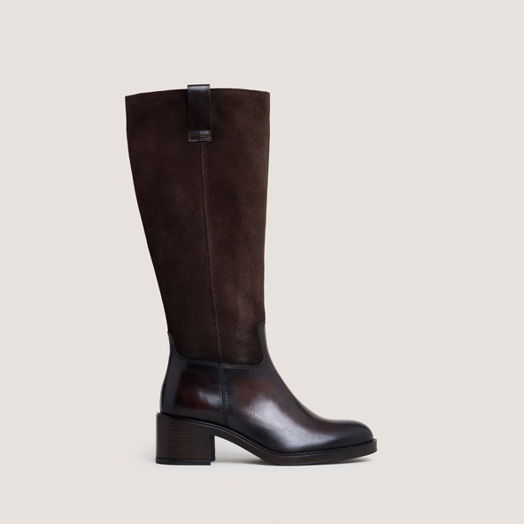Heeled boots in dark brown leather and suede | CLAIRE
