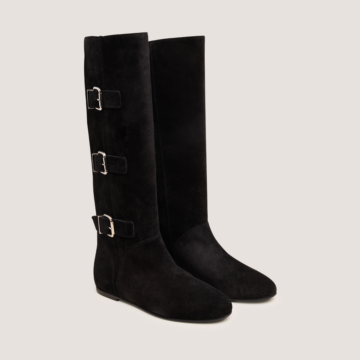 High Boots with Straps in black split leather | DEUZIO
