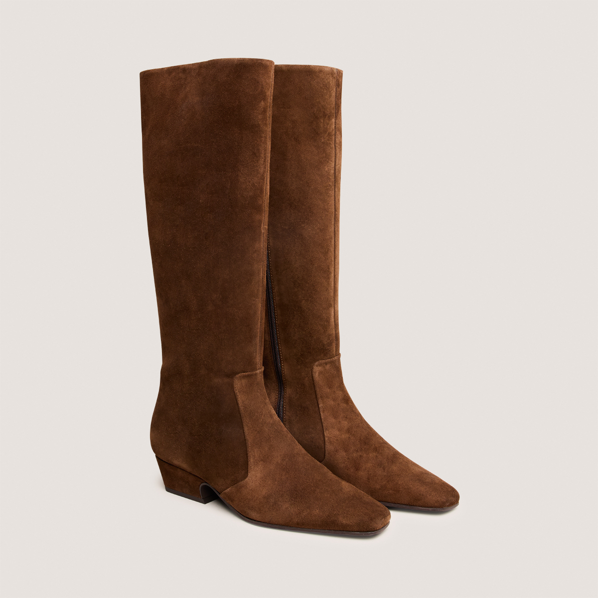 Beveled-Heel Boots in brown split leather | DOMIA