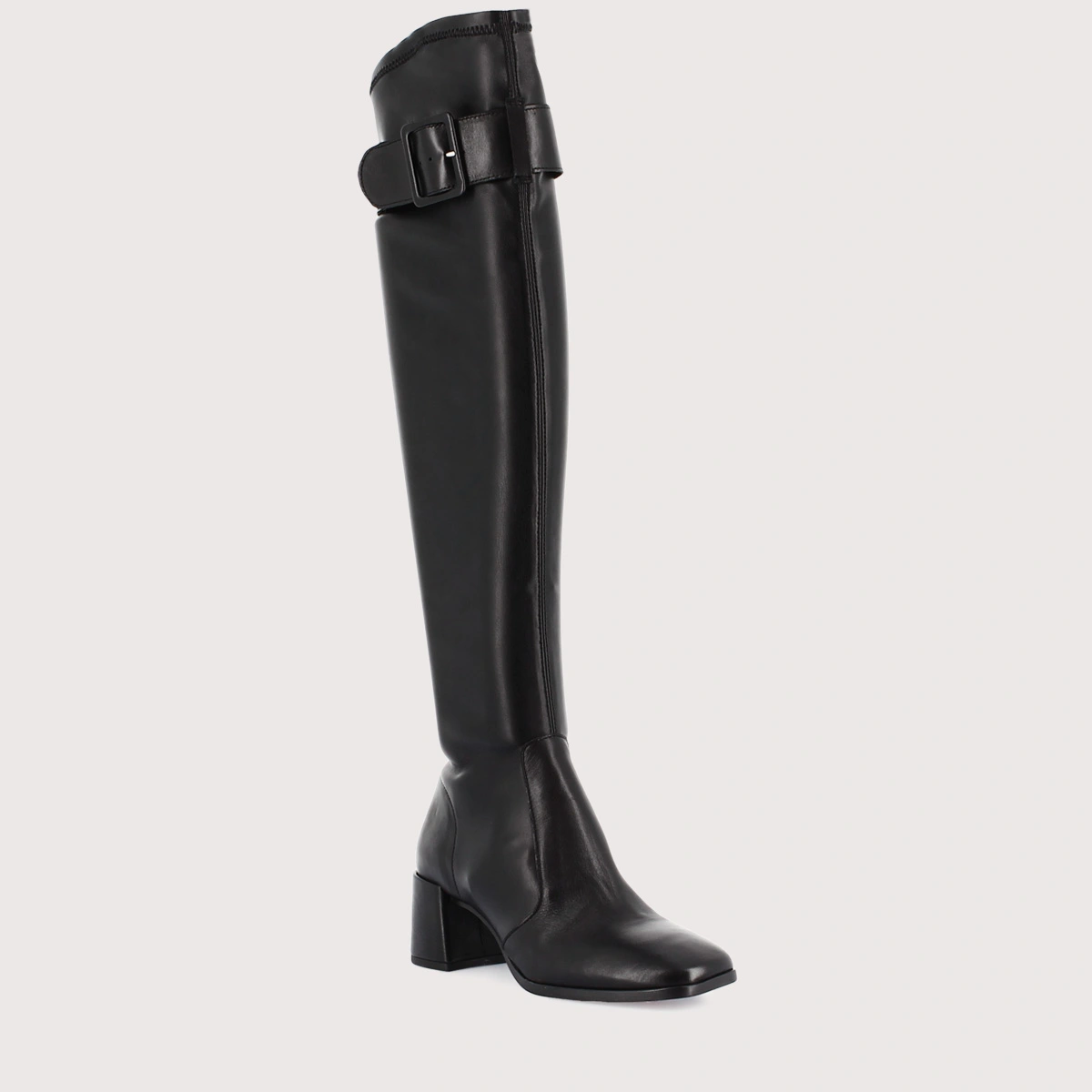 Heeled boots with buckles in black leather and black stretch | AUGUSTINE