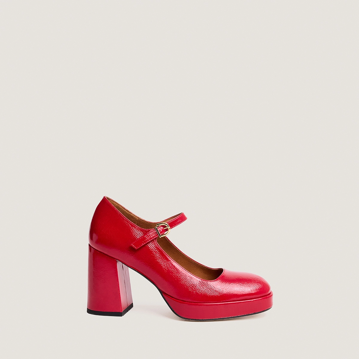 Platform Mary Janes with rounded toes Patent crinkled leather in berry red | VERITOX