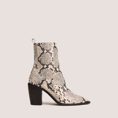 Heeled ankle boots with ruching in black and white reptile leather | basama