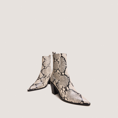 Heeled ankle boots with ruching in black and white reptile leather | basama