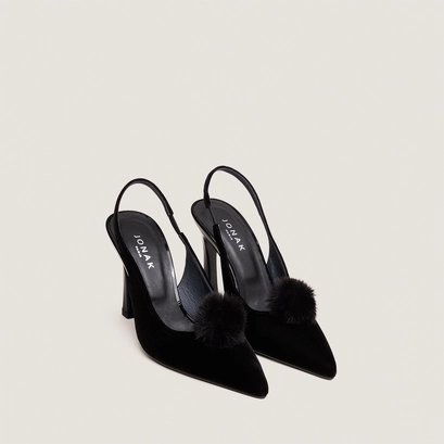 Pointed-toe pumps with tassels in black velvet | demanuel