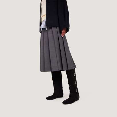 High boots with straps in black split leather | deuzio