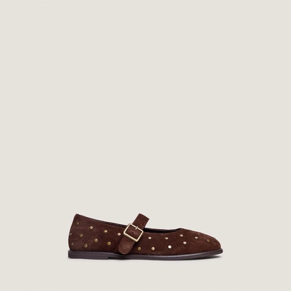 Ballet flats with buckles and studs in brown split leather | jolie