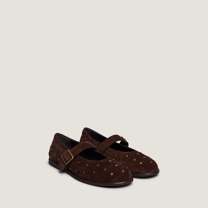 Ballet flats with buckles and studs in brown split leather | jolie