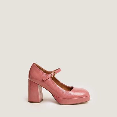 Platform mary janes with rounded toes patent crinkled leather in dusty pink | veritox