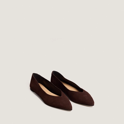 Pointed-toe ballet flats in dark brown split leather | noemie