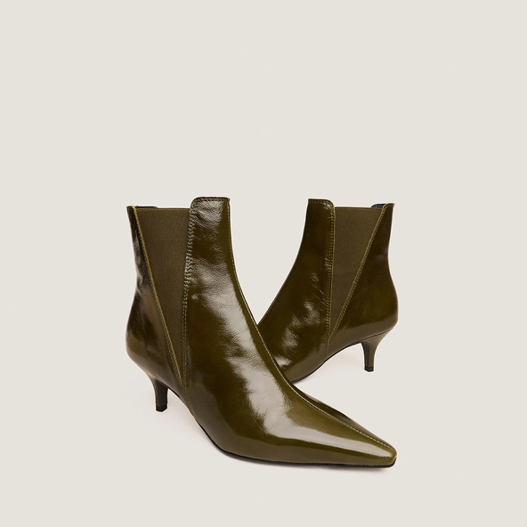 Pointed-toe stiletto-heel ankle boots in khaki shiny leather | BORGIA