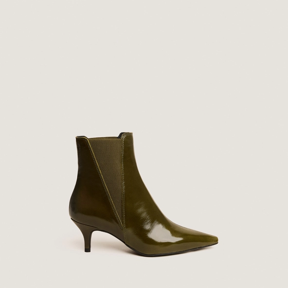 Pointed-toe stiletto-heel ankle boots in khaki shiny leather | BORGIA