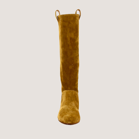 High Round-Toe Boots in tobacco split leather | DECIBEL