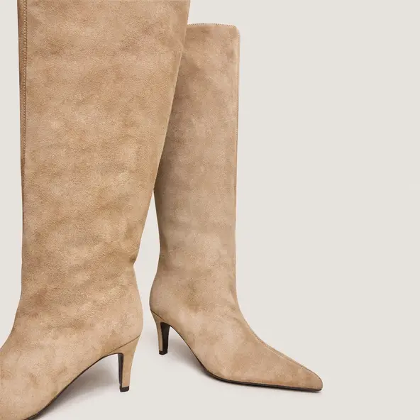 Heeled Pointed-Toe Boots in taupe split leather | DELAINE