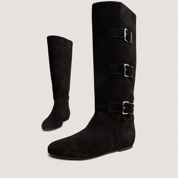 High Boots with Straps in black split leather | DEUZIO