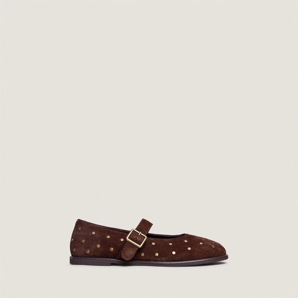 Ballet flats with buckles and studs in brown split leather | JOLIE