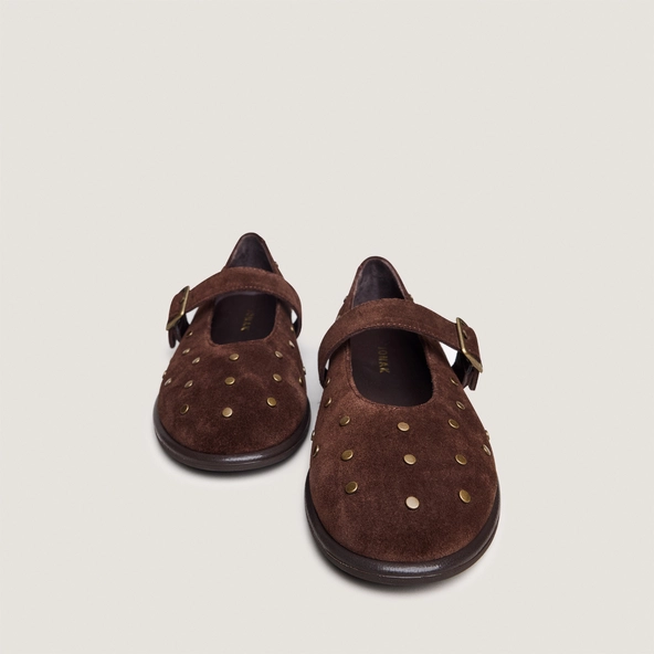 Ballet flats with buckles and studs in brown split leather | JOLIE