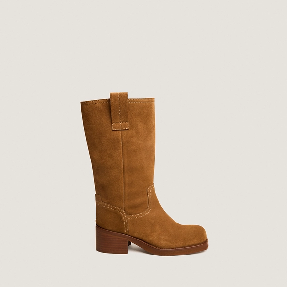 Round-toe boots in tobacco split leather | BICHETTE