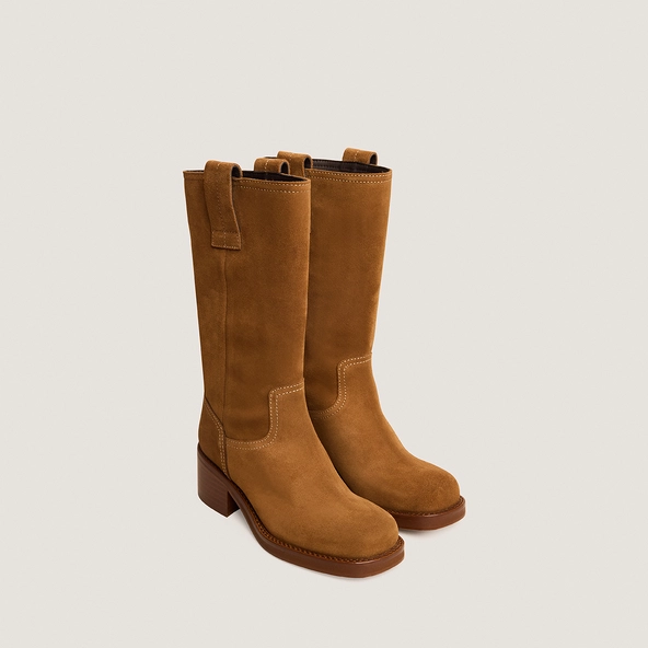Round-toe boots in tobacco split leather | BICHETTE