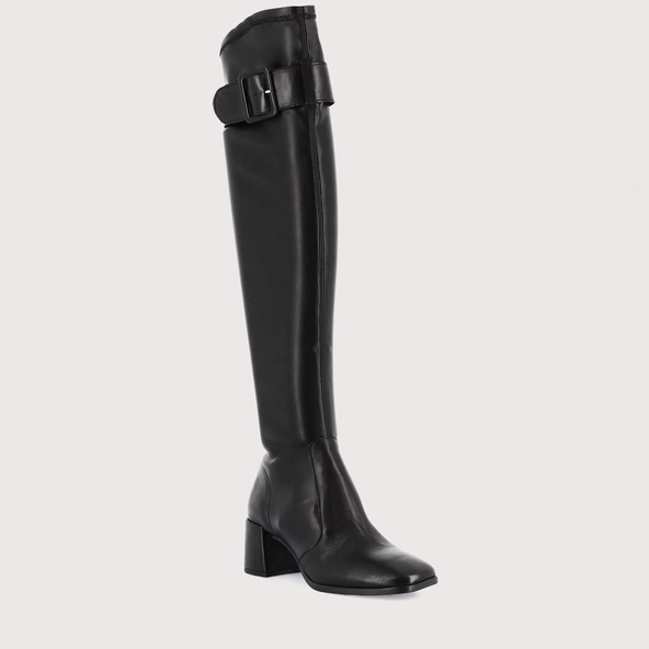 Heeled boots with buckles in black leather and black stretch | AUGUSTINE
