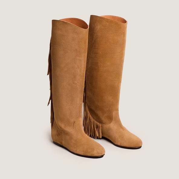 Fringed boots with round toes in dark beige suede | DALILA