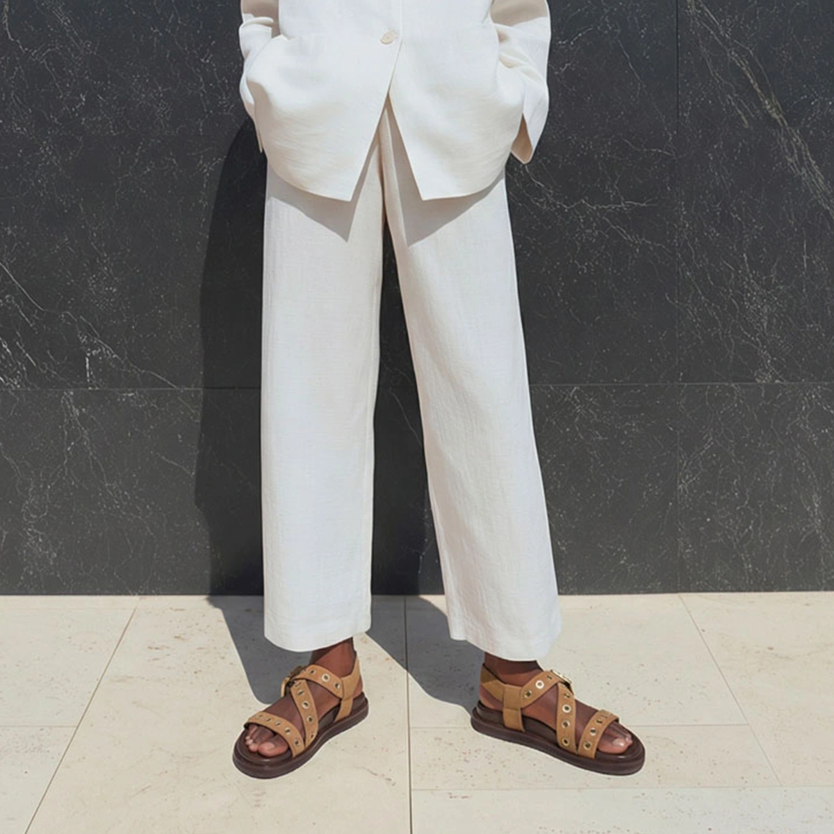 Strap sandals with eyelets in taupe split leather | WIZON