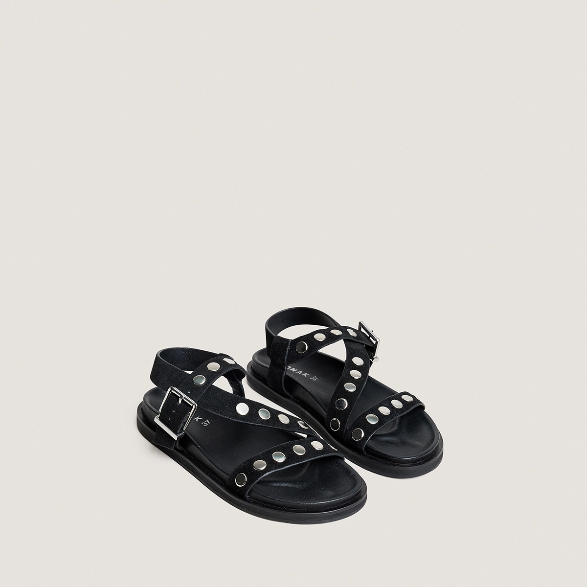Wide-strap sandals with studs in black split leather | WIZARD