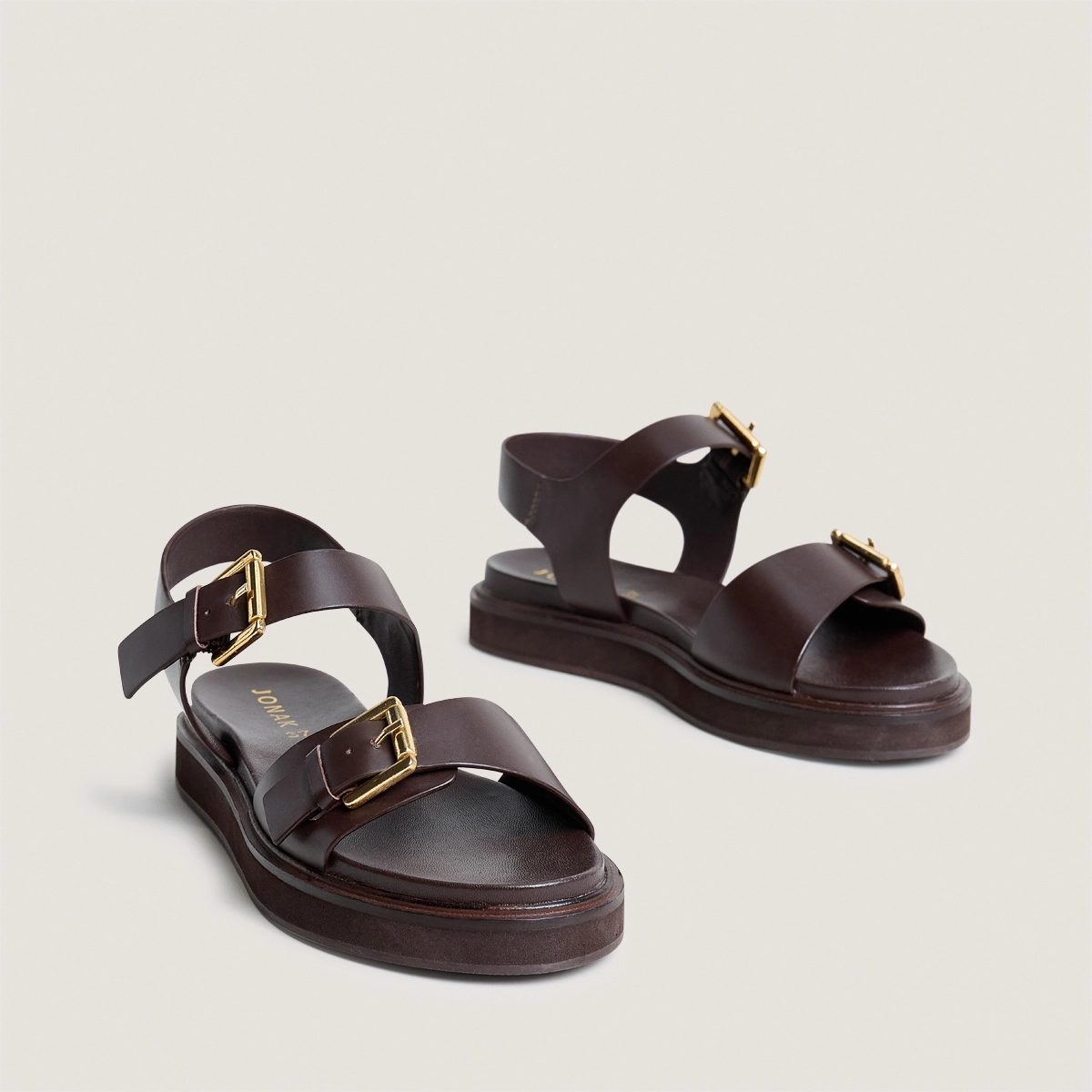 Double-strap sandals in dark brown leather | WAF