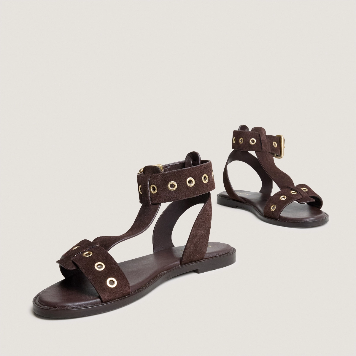 Structured ankle-strap sandals in dark brown split leather | WIZZ